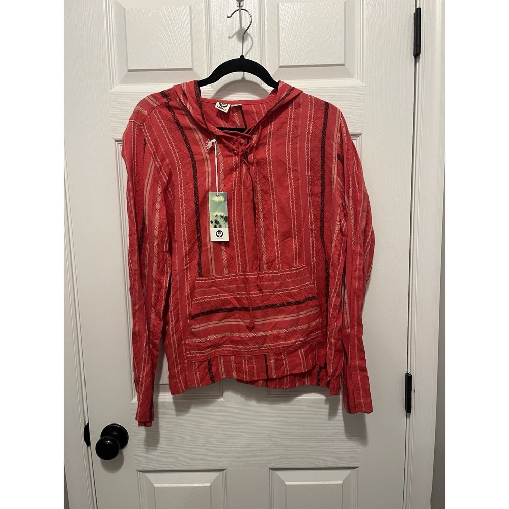 NWT Women's Lagaci L Hooded Woven Style Long Sleeve Shirt Poncho Tie Red Striped